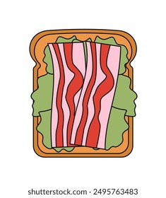 Top view at sandwich. Piece of bread with sausage, ketchup and lettuce. Delicious morning breakfast. Proper diet and nutrition. Linear vector illustration isolated on white background