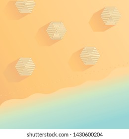 Top view of sandy beach illustration with umbrellas, footsteps and sea. Modern print template for summer vacation postcard, poster, greeting card. Flat design. Colorful holiday wallpaper.