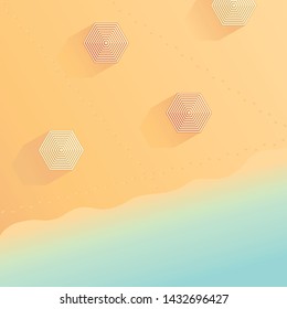 Top view of sandy beach illustration with umbrellas, footsteps and sea. Modern print template for summer vacation postcard, poster, greeting card. Flat design. Colorful holiday wallpaper.