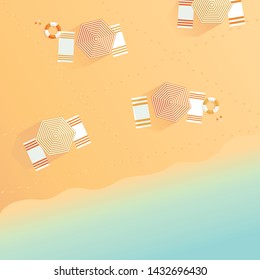 Top view sandy beach illustration with umbrellas, swim ring, towels, starfish and sea. Modern print for summer vacation postcard, poster, greeting card. Flat design. Colorful holiday wallpaper.