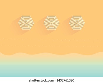 Top view of sandy beach illustration with umbrellas, footsteps and sea. Modern print template for summer vacation postcard, poster, greeting card. Flat design. Colorful holiday wallpaper.