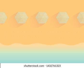 Top view of sandy beach illustration with umbrellas, footsteps and sea. Modern print template for summer vacation postcard, poster, greeting card. Flat design. Colorful holiday wallpaper.