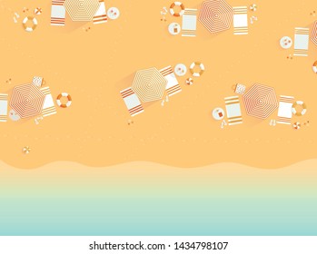 Top view sandy beach illustration with umbrellas, sunglasses, swim ring, juice, ball and sea. Modern print for summer vacation postcard, poster, greeting card. Flat design. Colorful holiday wallpaper.