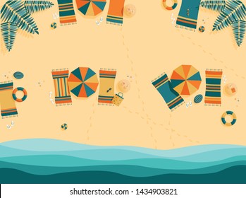 Top view sandy beach illustration with umbrellas, sunglasses, swim ring, juice, ball and sea. Modern print for summer vacation postcard, poster, greeting card. Flat design. Colorful holiday wallpaper.