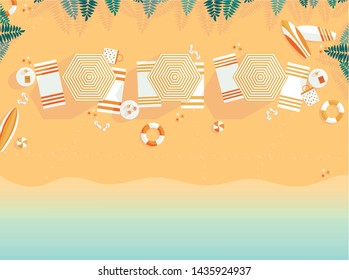 Top view sandy beach illustration with umbrella, towel, swim ring, juice, ball and sea. Modern print template - summer vacation postcard, poster, greeting card. Flat design. Colorful holiday wallpaper