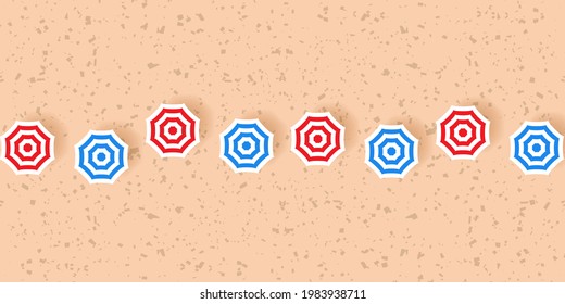 Top view of the sandy beach. Beach umbrellas and sea waves in flat design. Vacation or travel concept vector illustration