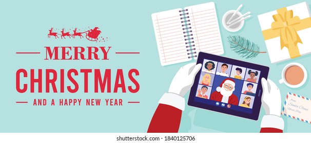 Top view of Santa Claus having video conference on tablet with children at home. Vector