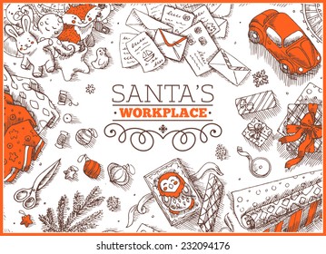 Top View Santa's work place christmas card