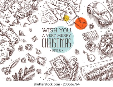 Top View Santa's work place Christmas card