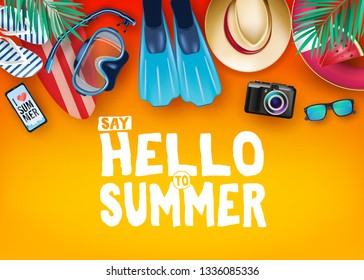 Top View Say Hello to Summer Realistic Vector Banner in Orange Background with and Tropical Elements Like Scuba Diving Equipment, Surf Board, Slippers, Digital Camera, Mobile Phone, Hat and Sunglasses