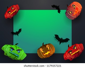 Top View of scary pumpkins and flying bats on dark halloween festival background with space for your text.