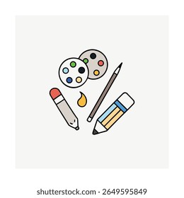 top view of scattered art supplies brushes colors 