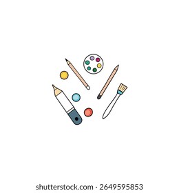 top view of scattered art supplies brushes colors