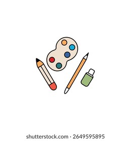 top view of scattered art supplies brushes colors