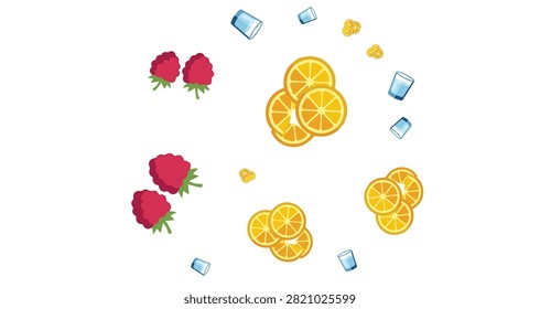 top view of scattered fresh raspberry slices orange citrus slices and small ice cubes on a clean white surface