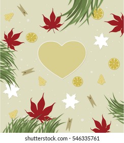 Top view scattered holiday and festival stuff with heart-shaped space to put text