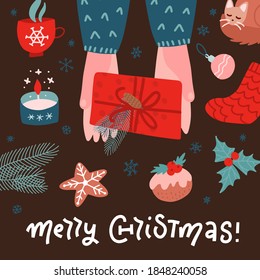 Top view scene of two hands holding gift box with red ribbon anf floral forest decoration. Top view table with Christmas decor. Hand drawn flat vector illustration
