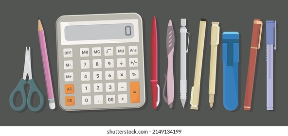 Top view School and office supplies vector set, pens, pencils, calculator and stationery collection, Flat design modern vector illustration concept