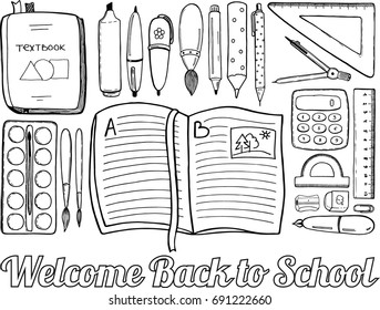 Top view of school supplies laid on a desk for doing homework. Black and white outline sketch, hand drawn doodle style. School equipment elements, books, pens, pencils, paintbrushes, rulers, etc.