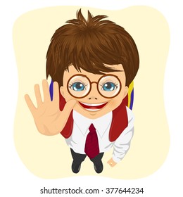 top view of schoolboy with glasses showing five fingers isolated on white background 