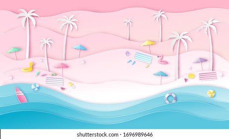 Top view of sea beach background with beach equipment on sand beach. Aerial view of summer beach. paper cut and craft style. vector, illustration.