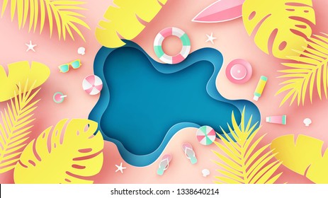 top view of sea beach with ball, swim ring, sunglasses, surfboard, sunscreen, sandals, starfish, hat, juice placed on the beach and tropical tree. paper cut and craft style. vector, illustration.