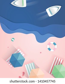 Top view of sea beach. The landscape for recreation. Beach with colorful umbrellas, towels.balls,swim ring,sandals. Aerial view of summer beach in paper craft style - stock vector illustration