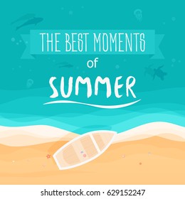 Top view of sea, boat, beach with sand. Top view. The best moments of summer. Vector illustration.