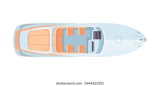 Top view sea boat vector illustration. Aerial view of yacht. Water vessel. Luxury maritime vacation and transportation.