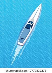 Top view sea boat vector illustration. Aerial view of yacht. Water vessel. Luxury maritime vacation and transportation