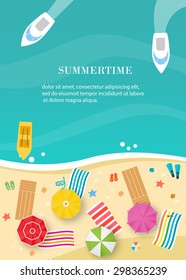 Top view of sea, boats and beach with sand, umbrellas, towels, sunbeds, seashells, starfish, flip flops, flippers, vector illustration
