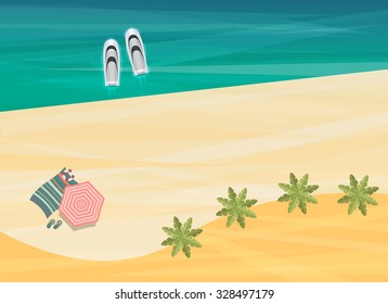 Top view of sea, boats and beach with sand, umbrellas, towels, starfish, flip flops, vector illustration