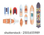 Top view sea boats and ships vector set. Aerial view of various ocean transport. Water vessels. Carriage and maritime transportation.