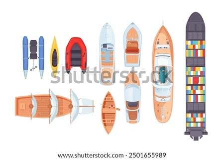 Top view sea boats and ships vector set. Aerial view of various ocean transport. Water vessels. Carriage and maritime transportation.