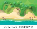 Top view of the sea coast, bay, with water, yellow sand, brown rocks and stones, green polygonal geometric plants and trees, hills. Wild beach. View from above. Aerial.