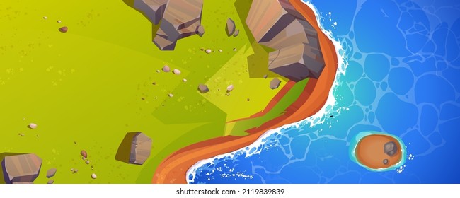 Top View Of Sea Coast, Ocean Beach With Rocks And Cliffs. Vector Cartoon Illustration Of Aerial View Of Summer Landscape With Blue Water And Shore With Green Grass And Stones