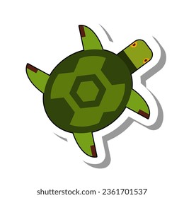 Top view of sea green turtle flat paper sticker. Small marine creature or inhabitant of sea depths and oceans isolated on white background. Nature, aquarium, animals and fish concept