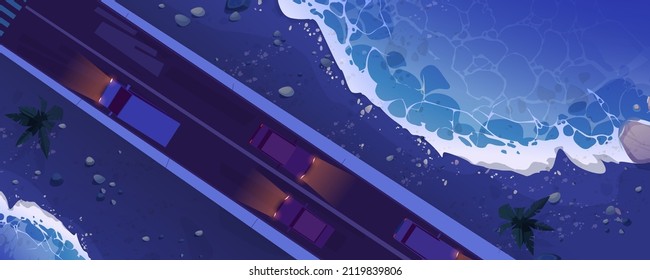 Top view of sea isthmus with car road at night. Vector cartoon illustration of aerial view of tropical landscape of land bridge with sand beach, palm trees and asphalt highway with vehicle