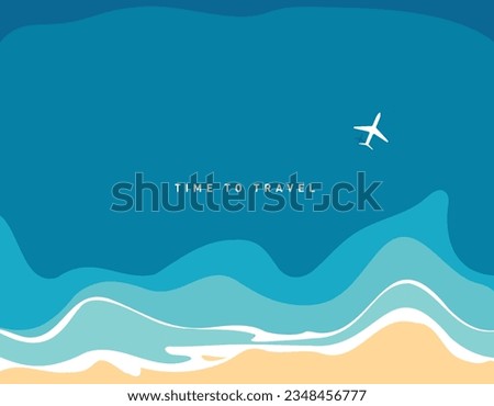 Top view of the sea reaching the coastline, plane with shadow, time to travel, vector illustration