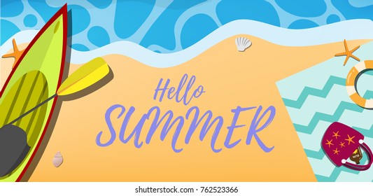 Top view of the sea sand beach with wave, star fish, sea shell, canoe boat, beach towel with sea staff, the text "hello summer" for wallpaper, background or backdrop