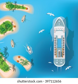 Top view of sea, ship and beach with sand, umbrellas. Flat vector illustration.