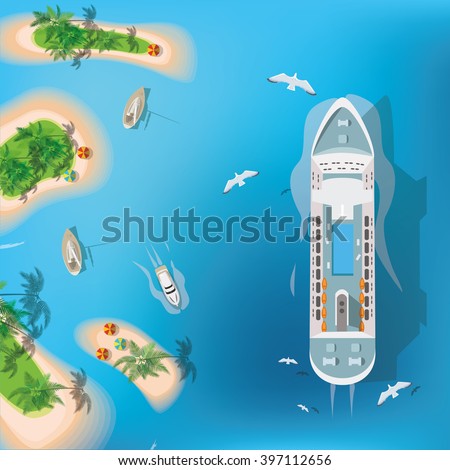 Top view of sea, ship and beach with sand, umbrellas. Flat vector illustration.