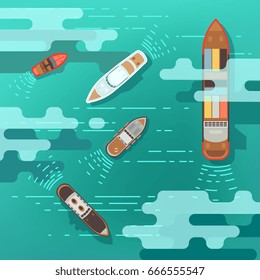 Top View Sea Ship And Shipping Boat On Ocean Water Surface Vector Illustration. Ship And Boat, Travel Yacht In Ocean