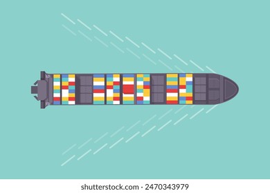 Top view sea ship vector illustration. Aerial view of ocean transport. Marine vessel with containers. Carriage and maritime transportation. Worldwide cargo shipments. Sea freight. Logistics banner.