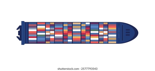 Top view sea ship vector illustration. Aerial view of ocean transport. Marine vessel with containers. Carriage and maritime transportation. Worldwide cargo shipments. Sea freight.