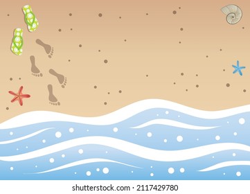 Top view of sea shore waves with marine stars, shell, flip flops and footprints on sand. Summertime vector illustration with copy space for text.