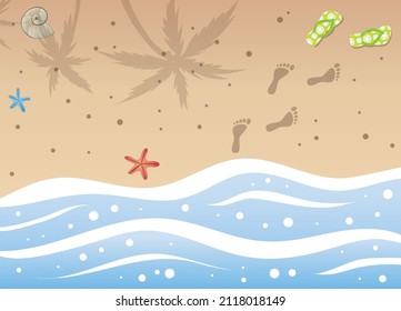 Top view of sea shore waves with marine stars, shell, flip flops and footprints on sand with palm tree shadow. Summertime vector illustration with copy space for text.