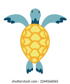 Top view of sea turtle. Beautiful underwater inhabitant in flat style.