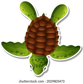 Top view of sea turtle cartoon sticker on white background illustration