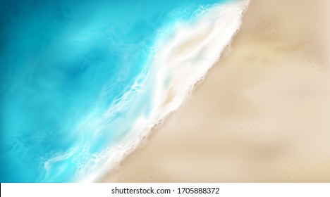 Vista superior de la ola de mar con espuma salpicando la playa con arena. El azul del océano espumoso salpicado de agua en el fondo de la costa. Superficie natural en el verano, conchas marinas, Ilustración vectorial 3d realista